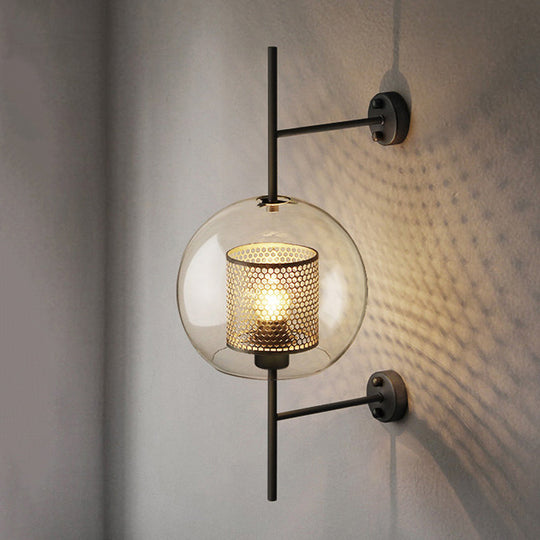 Smoke Gray Glass Colonial Sphere Wall Sconce - Black Finish Cylinder Wire Mesh Inside 8/10 Wide