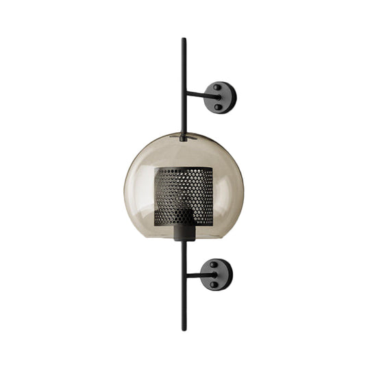 Smoke Gray Glass Colonial Sphere Wall Sconce - Black Finish Cylinder Wire Mesh Inside 8/10 Wide