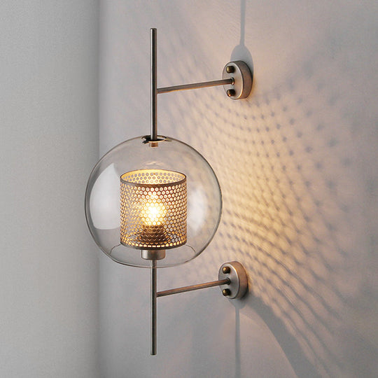 Colonial Clear Glass Bedroom Sconce Light With Wire Mesh And Cylinder Bronze/Silver Gray Finish -