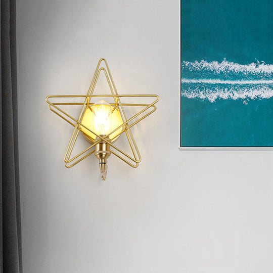 Gold Metal Exposed Bulb Wall Lamp With Star Cage - Colonialist 1 Head Sconce Light For Living Room