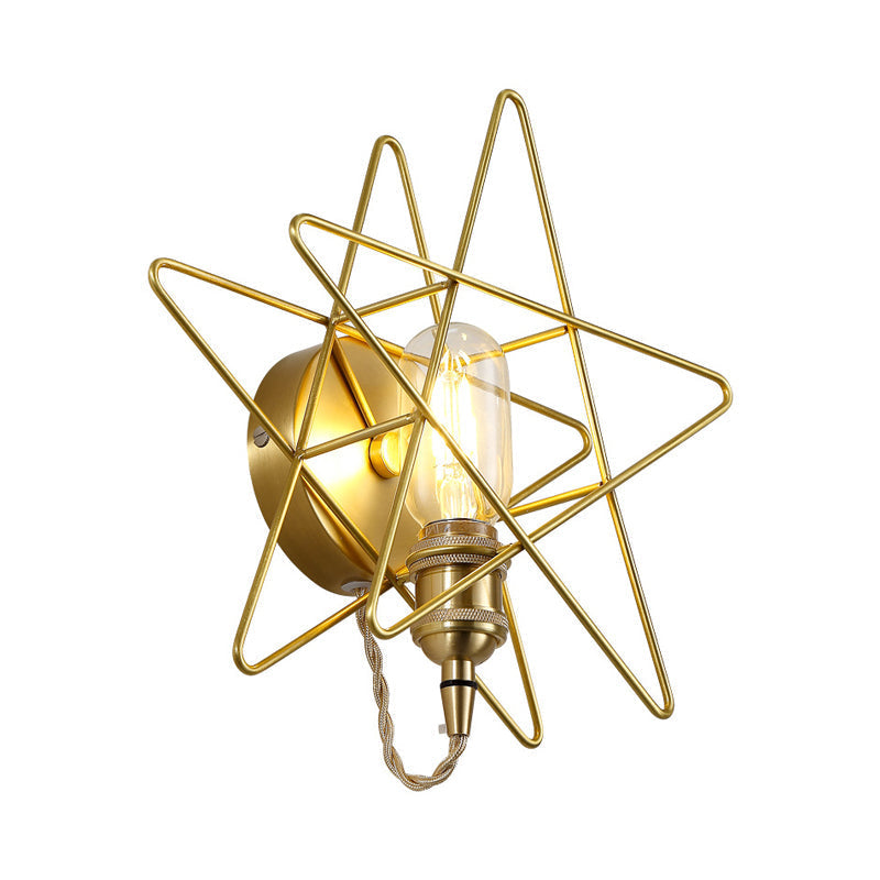 Gold Metal Exposed Bulb Wall Lamp With Star Cage - Colonialist 1 Head Sconce Light For Living Room