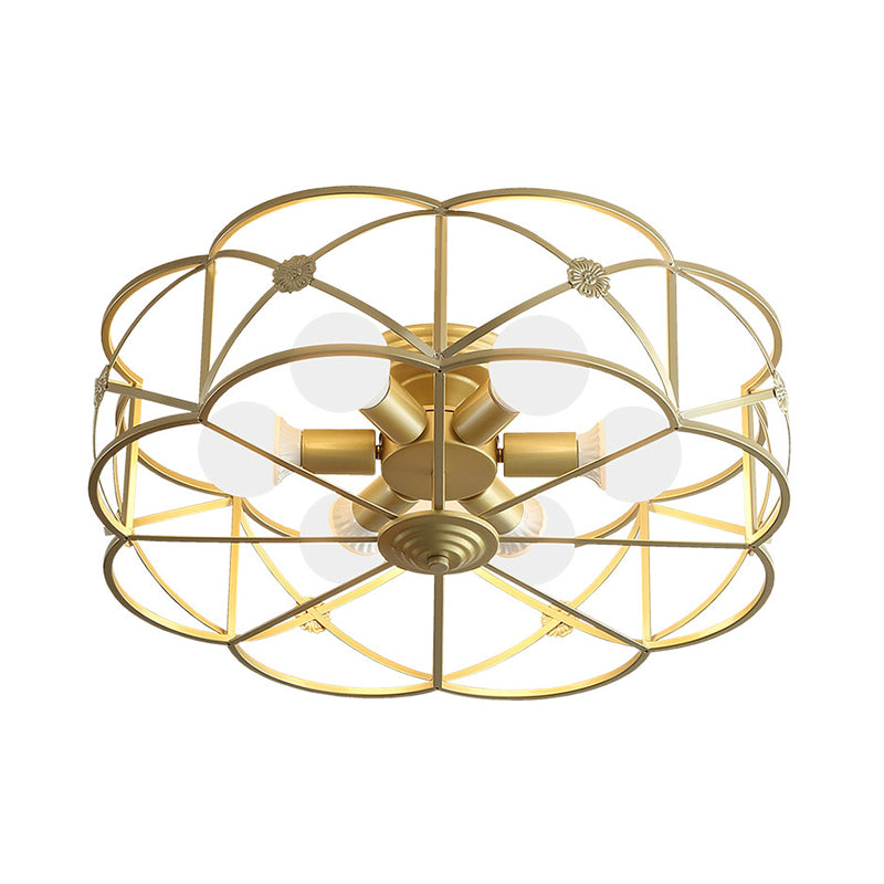 Scalloped Cage Iron Gold Flush Mount with 6 Bulbs - Stylish Colonial Ceiling Light Fixture for Bedrooms