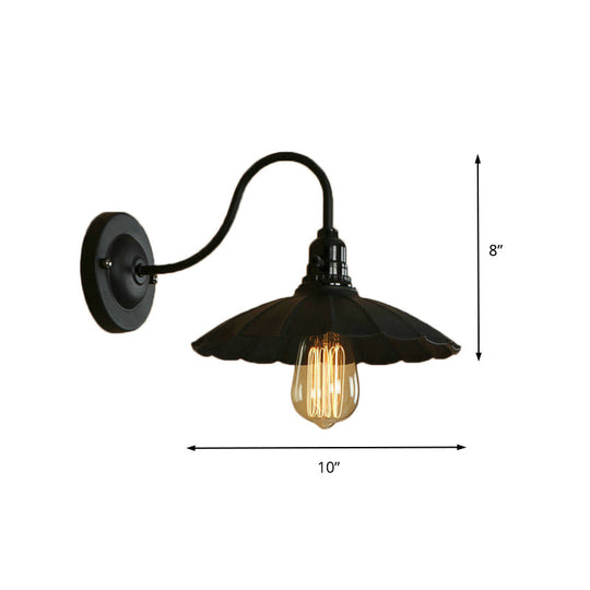 Industrial Metal Gooseneck Wall Sconce With Scalloped Shade And 1 Bulb In Black 10/13 Diameter