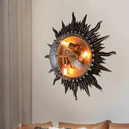 Rustic Metal Black Sun Sconce With 3 Bulbs And Clear Glass Shade - Bedroom Wall Lamp