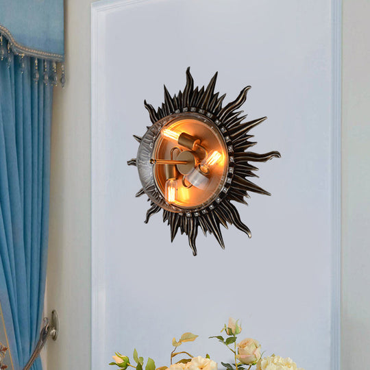 Rustic Metal Black Sun Sconce With 3 Bulbs And Clear Glass Shade - Bedroom Wall Lamp