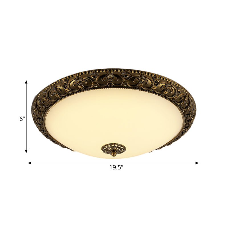 Frosted Glass Ceiling Fixture - Rustic LED Bedroom Flush Mount Lighting in Brass (Bowl Design - 12"/16"/19.5" Width)