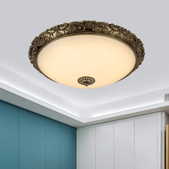 Traditional White Glass LED Bedroom Ceiling Lamp - Brass Domed Flush Mount Lighting (12"/16"/19.5")