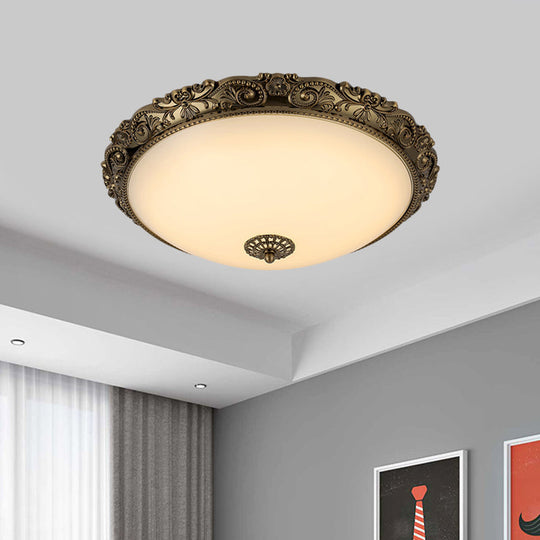 Traditional White Glass LED Bedroom Ceiling Lamp - Brass Domed Flush Mount Lighting (12"/16"/19.5")