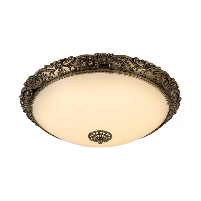 Traditional White Glass LED Bedroom Ceiling Lamp - Brass Domed Flush Mount Lighting (12"/16"/19.5")