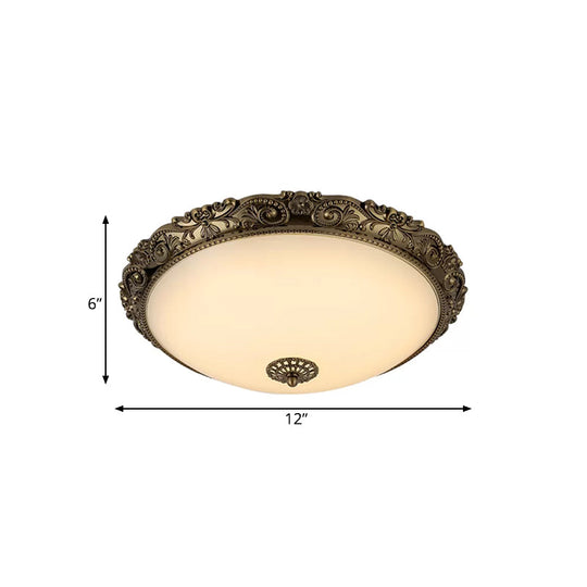 Traditional White Glass LED Bedroom Ceiling Lamp - Brass Domed Flush Mount Lighting (12"/16"/19.5")