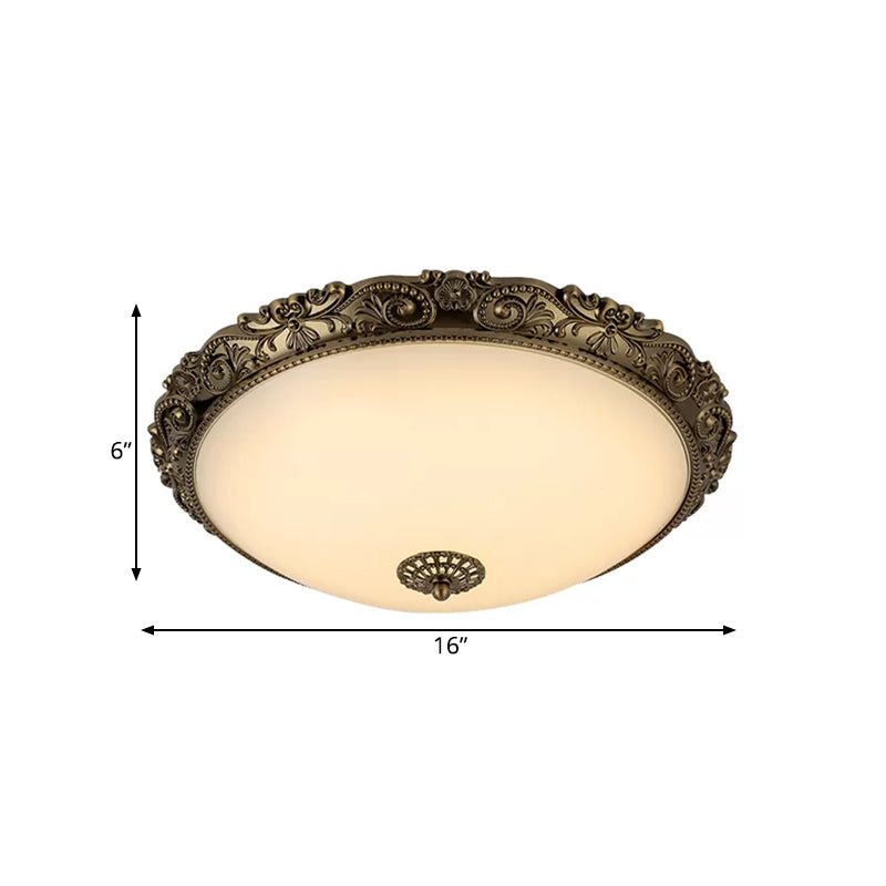 Traditional White Glass LED Bedroom Ceiling Lamp - Brass Domed Flush Mount Lighting (12"/16"/19.5")