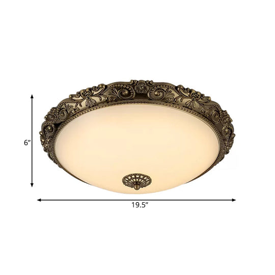 Traditional White Glass LED Bedroom Ceiling Lamp - Brass Domed Flush Mount Lighting (12"/16"/19.5")