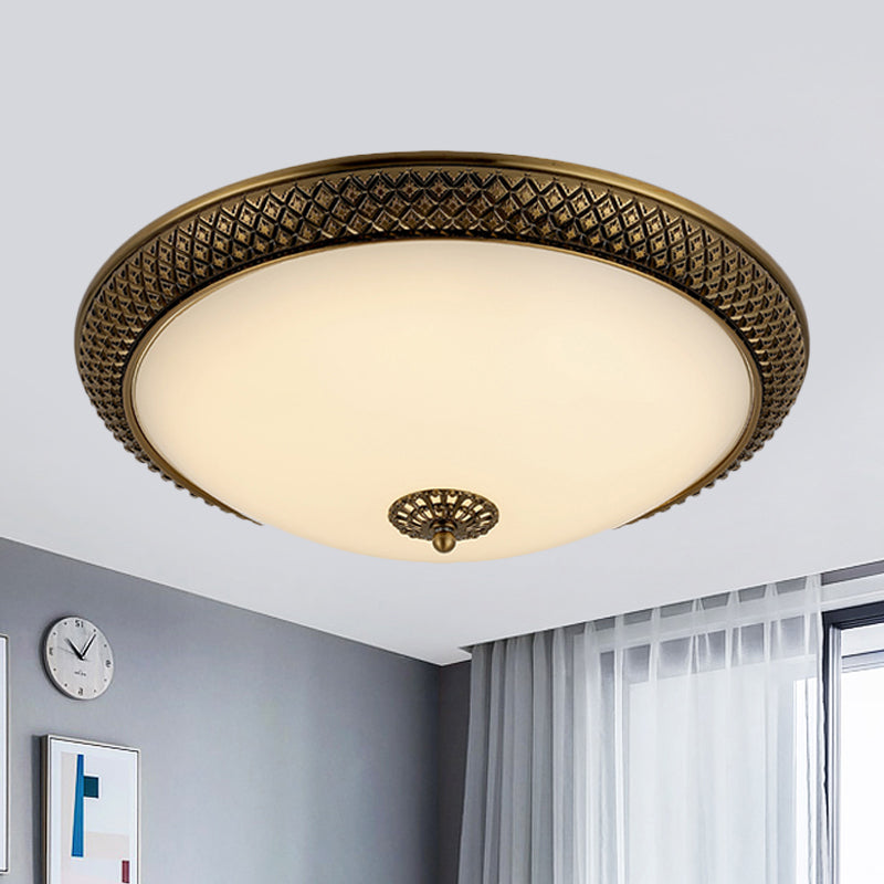 Traditional White Glass LED Bedroom Ceiling Lamp - Brass Domed Flush Mount Lighting (12"/16"/19.5")