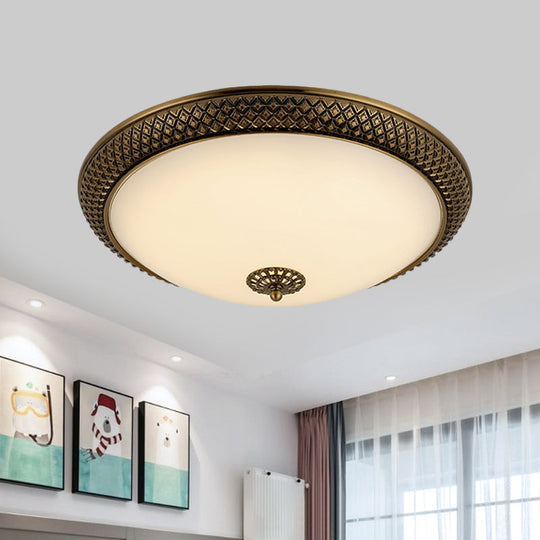 Traditional White Glass LED Bedroom Ceiling Lamp - Brass Domed Flush Mount Lighting (12"/16"/19.5")