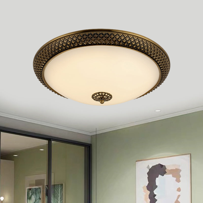 Traditional White Glass LED Bedroom Ceiling Lamp - Brass Domed Flush Mount Lighting (12"/16"/19.5")