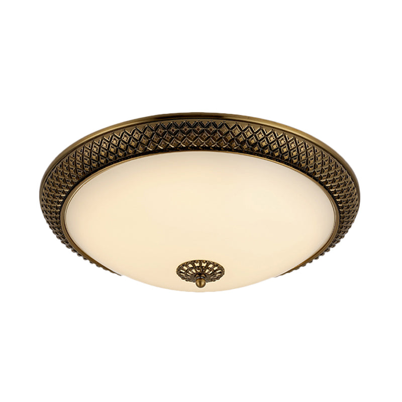 Traditional White Glass LED Bedroom Ceiling Lamp - Brass Domed Flush Mount Lighting (12"/16"/19.5")