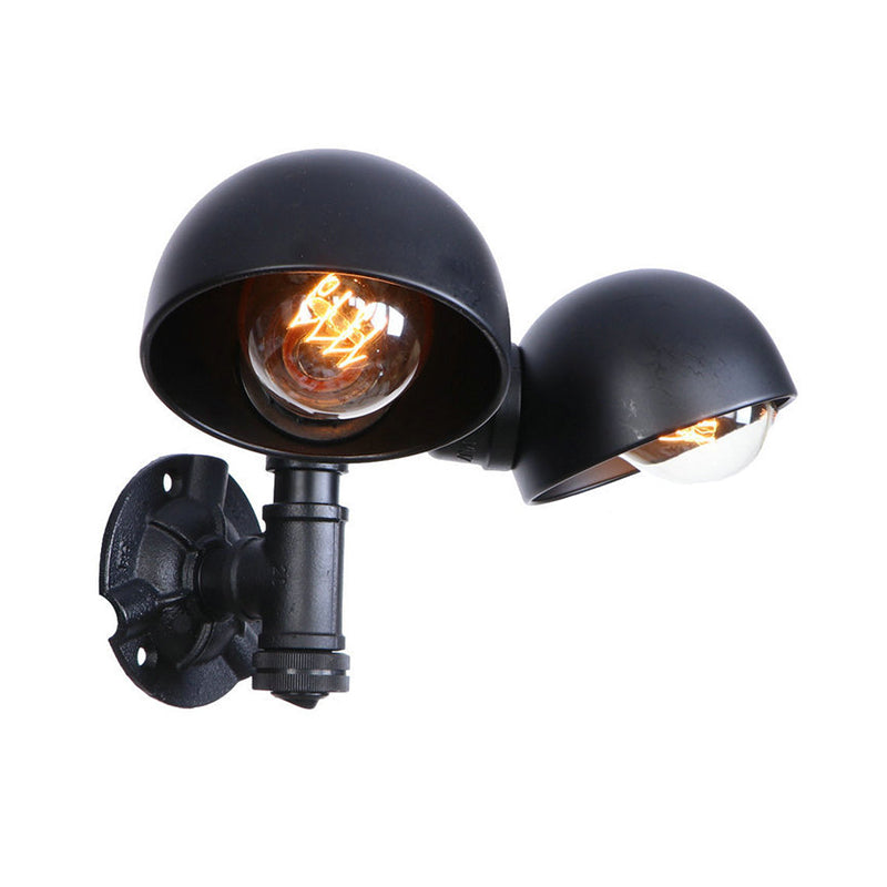 Industrial Style Black Wall Sconce Lamp With 2 Bulbs And Metallic Domed Design For Corridor