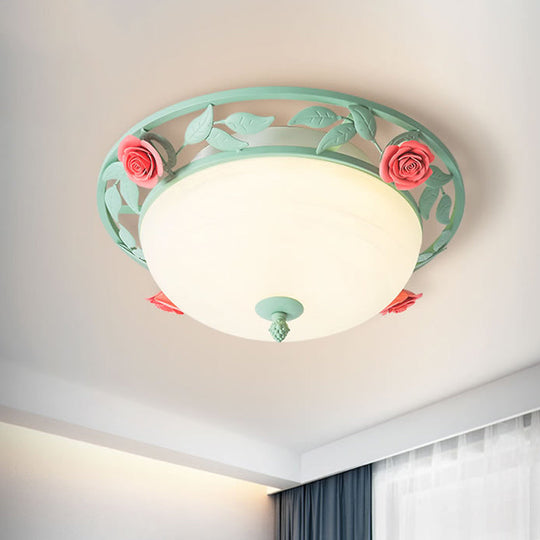 Frosted Glass Dome Flush Light - LED Bedroom Flush Mount in Light Green with Rose Decor