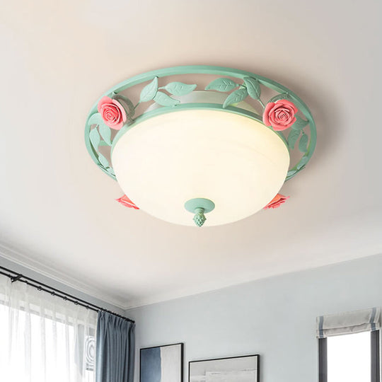 Frosted Glass Dome Flush Light - LED Bedroom Flush Mount in Light Green with Rose Decor