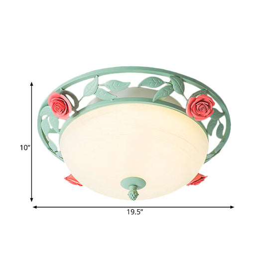 Frosted Glass Dome Flush Light - LED Bedroom Flush Mount in Light Green with Rose Decor