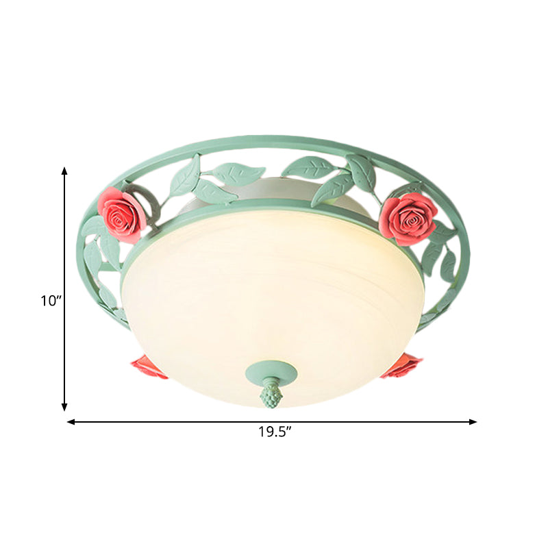 Frosted Glass Dome Flush Light - Led Bedroom Mount In Green With Rose Decor