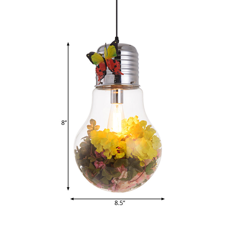 Bulb Shape Clear Glass Suspension Light - Art Deco 1-Head Silver Flower Pendant 6/8.5/12 Width