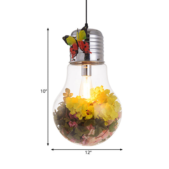 Bulb Shape Clear Glass Suspension Light - Art Deco 1-Head Silver Flower Pendant 6/8.5/12 Width