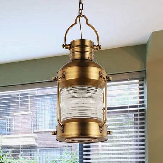 Lantern Cafe Hanging Light Kit - Industrial Iron Pendant With Clear Glass Shade In Gold 1 Bulb