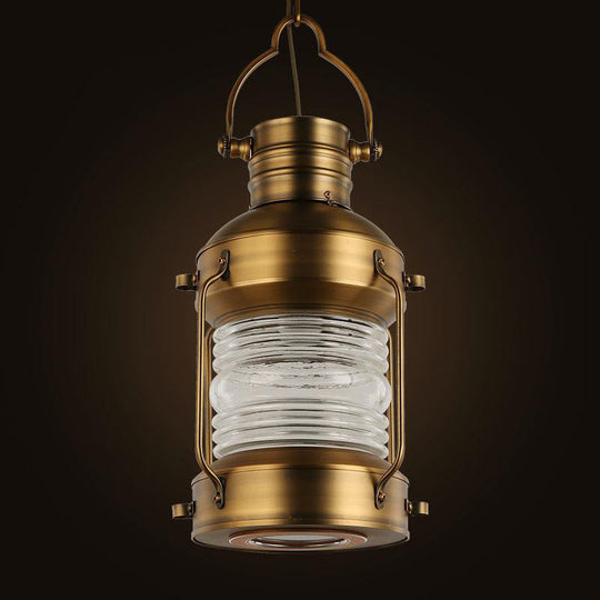 Lantern Cafe Hanging Light Kit - Industrial Iron Pendant With Clear Glass Shade In Gold 1 Bulb