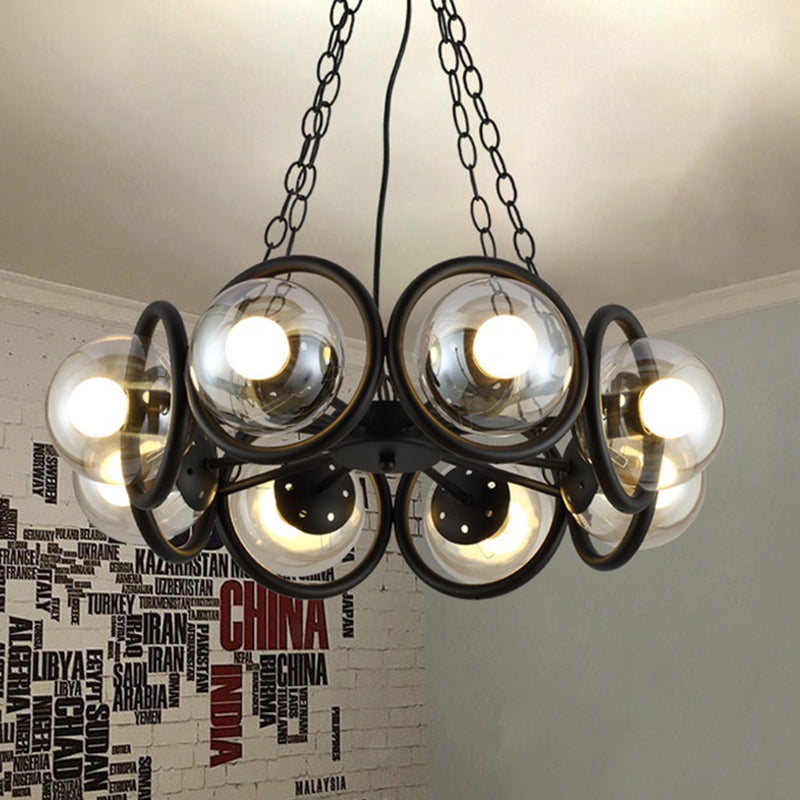 Industrial Black Chandelier Light with Clear Glass Globes and Round Cage - 6/8 Bulbs Pendant Fixture