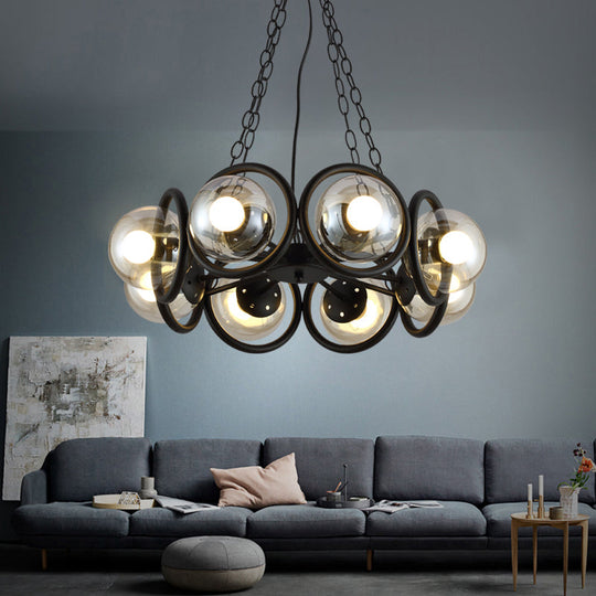 Industrial Black Chandelier Light with Clear Glass Globes and Round Cage - 6/8 Bulbs Pendant Fixture