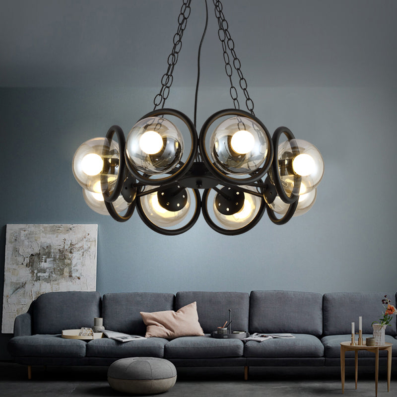 Industrial Black Chandelier Light With Clear Glass 6/8 Bulbs And Round Cage Stylish Global Pendant