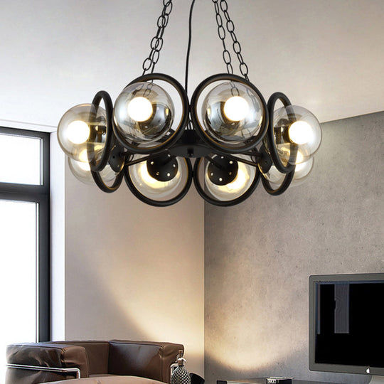 Industrial Black Chandelier Light with Clear Glass Globes and Round Cage - 6/8 Bulbs Pendant Fixture