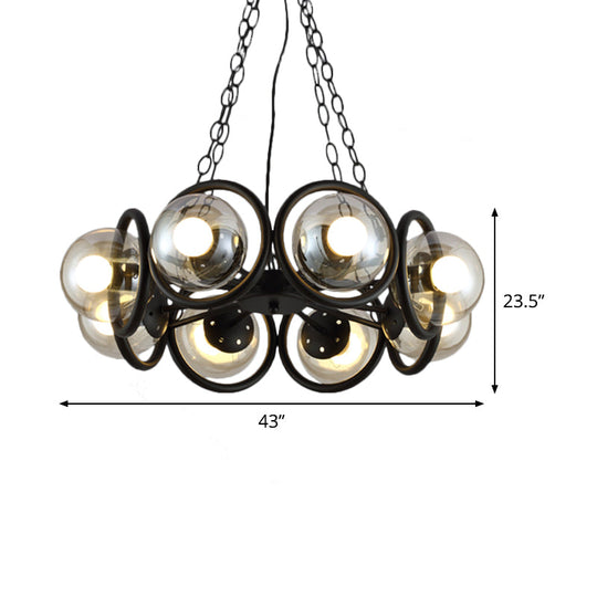 Industrial Black Chandelier Light with Clear Glass Globes and Round Cage - 6/8 Bulbs Pendant Fixture