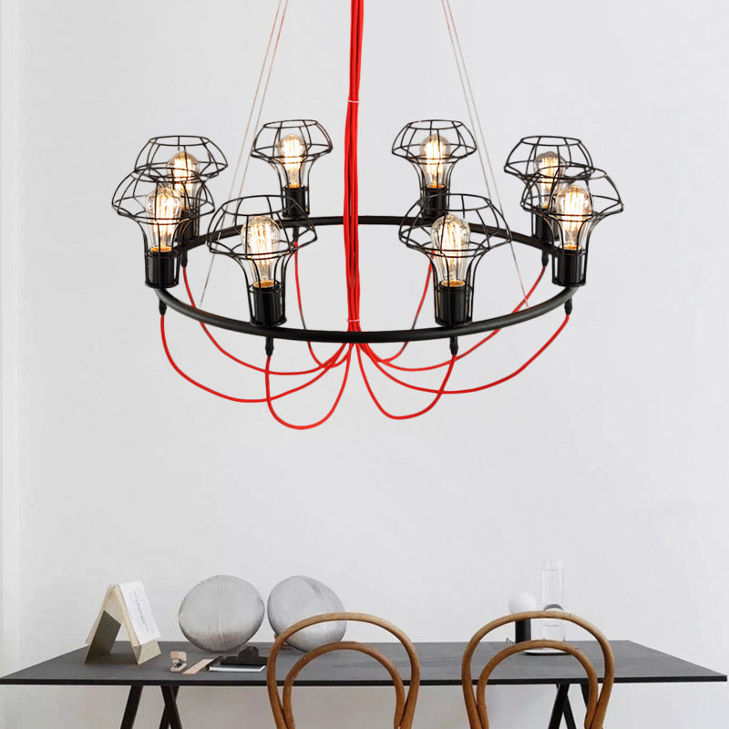 Iron Mushroom Cage Chandelier Light Industrial Pendant Lamp - 8 Heads, Black - Ideal for Restaurants