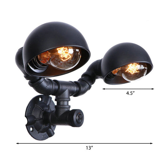 Industrial Style Black Wall Sconce Lamp With 2 Bulbs And Metallic Domed Design For Corridor