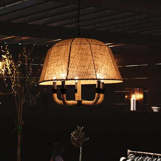 Vintage 5-Light Chandelier With Fabric Shade And Hemp Rope Suspension In Brown