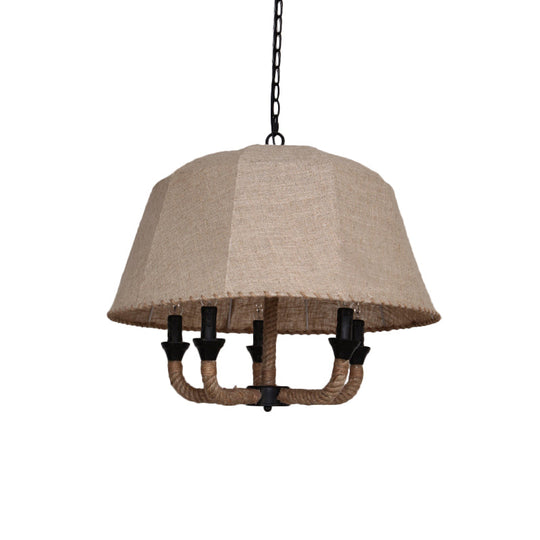 Vintage 5-Light Chandelier With Fabric Shade And Hemp Rope Suspension In Brown