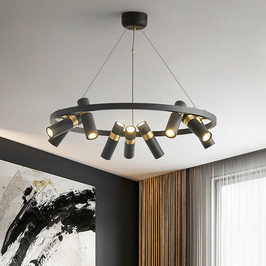 Round Metal Pipe Pendant Chandelier - Black Finish 6/9 Heads Bedroom Ceiling Light 9 /