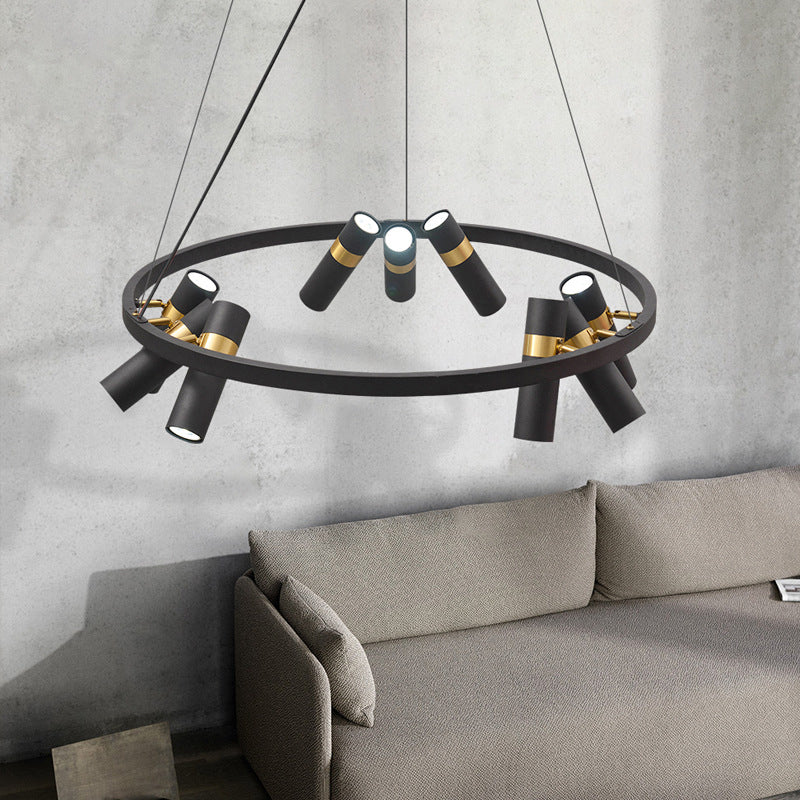 Modern Black Metal Pipe Pendant Chandelier - 6/9 Heads, Round Design - Ideal for Bedroom Ceiling Lighting