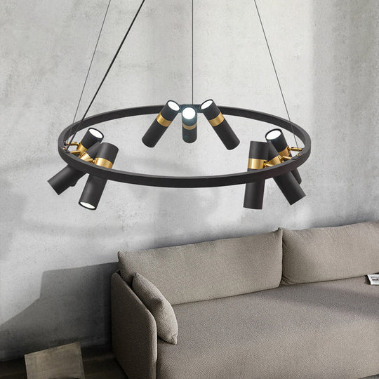 Round Metal Pipe Pendant Chandelier - Black Finish 6/9 Heads Bedroom Ceiling Light