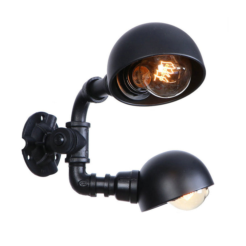 Industrial Style Black Wall Sconce Lamp With 2 Bulbs And Metallic Domed Design For Corridor