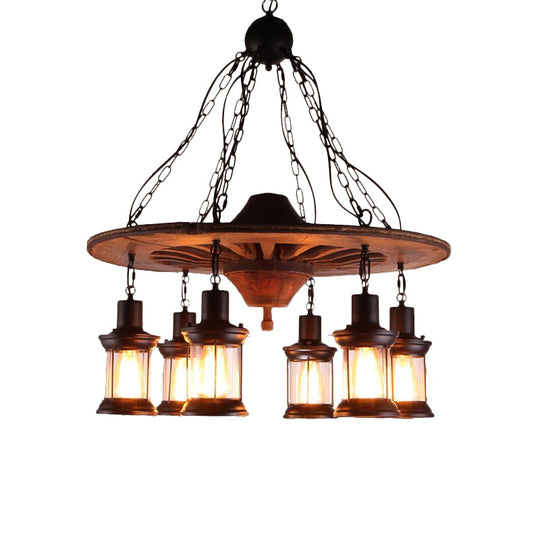 Antique Wooden Style Wheel Chandelier  6 Heads Black Ceiling Light with Lantern Clear Glass Shade