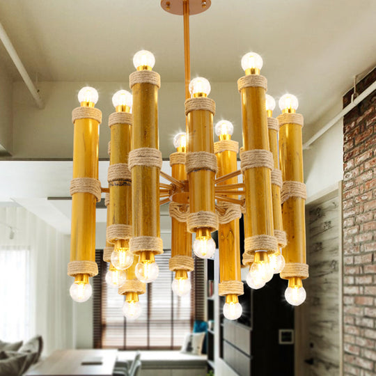 Antique Bamboo Tube Rope Chandelier - 24-Light Yellow Pendant Lamp for Living Room