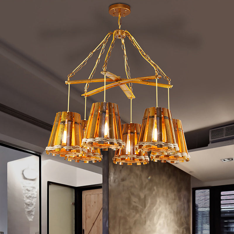 Yellow Bamboo Chandelier Lamp With Natural Rope - Retro Conical Suspension Lighting 6 Lights