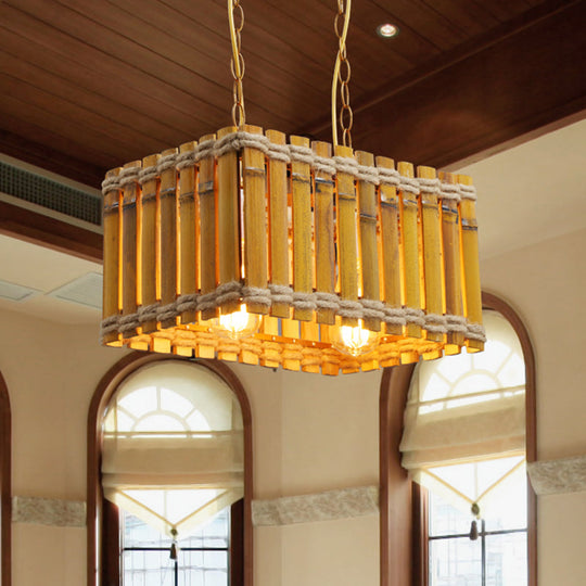 Yellow Bamboo Chandelier: Industrial 2-Bulb Ceiling Hang Fixture with Rope