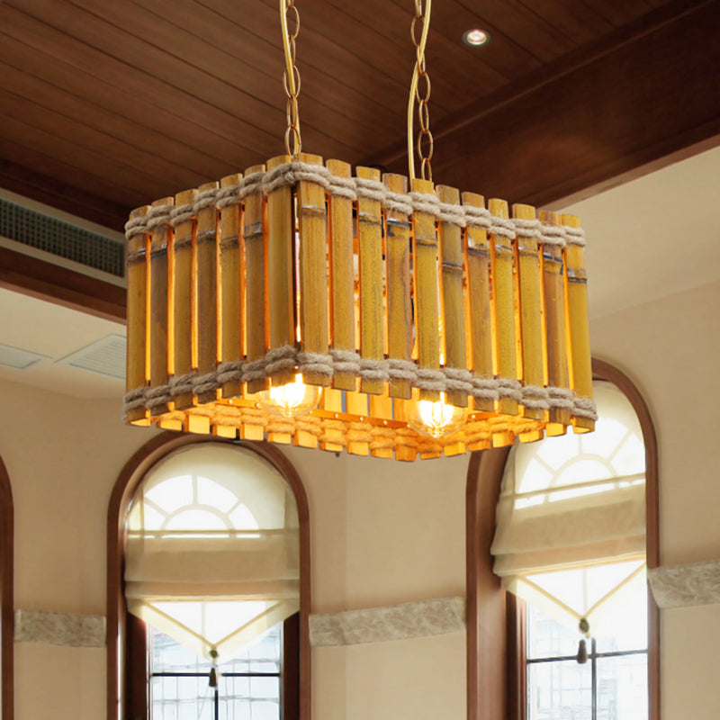 Bamboo Yellow Industrial Chandelier With 2 Bulbs And Rope Ceiling Hang