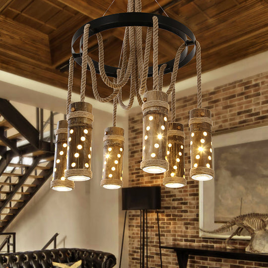 Industrial Bamboo Tube Chandelier Light - Black Cutout Design, 6 Bulbs, Living Room Drop Lamp with Rope