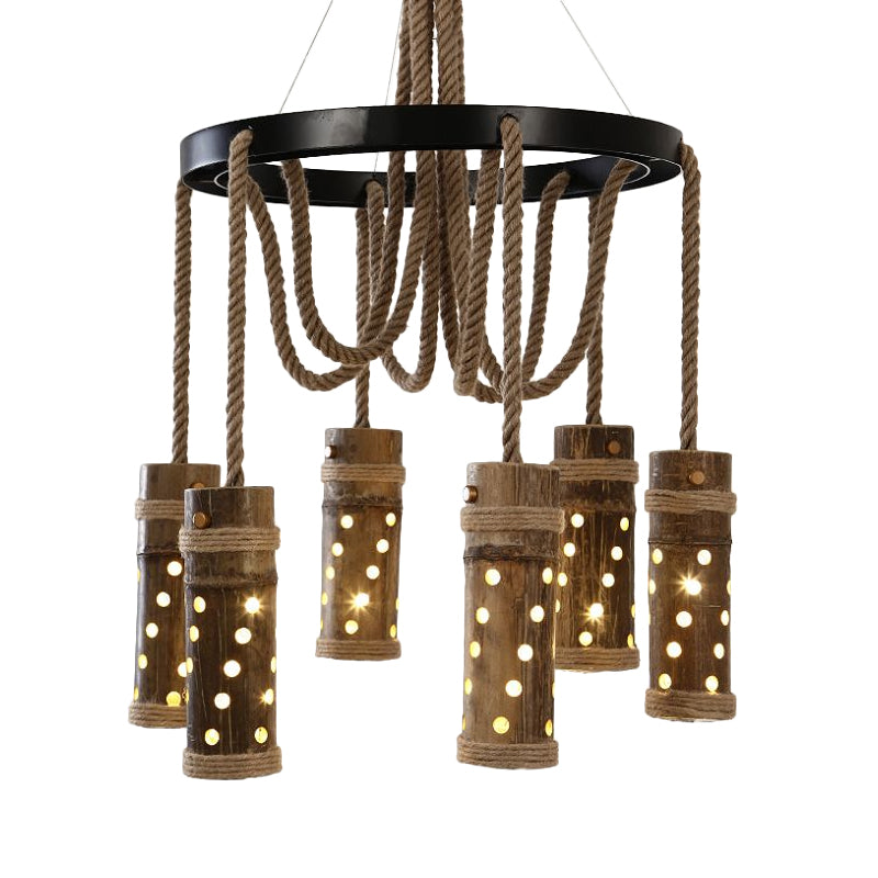 Industrial Bamboo Tube Chandelier Light - Black Cutout Design, 6 Bulbs, Living Room Drop Lamp with Rope