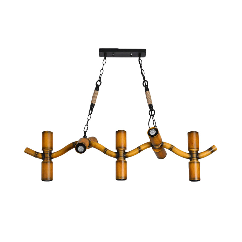 10-Light Metal Island Pendant In Brown With Wave Style Pipe Shade And Rope Detail.